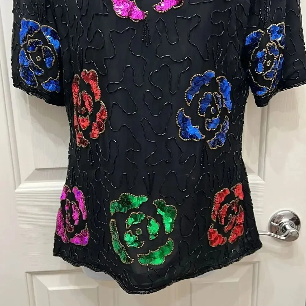 Vintage Stenay Womens Top Sz M Short Sleeve Sequin Beaded Scoop Neck Formal